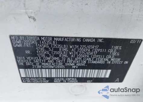 2011 Toyota Rav4 из США, поврежденный, VIN 2T3BF4DV0BW128905